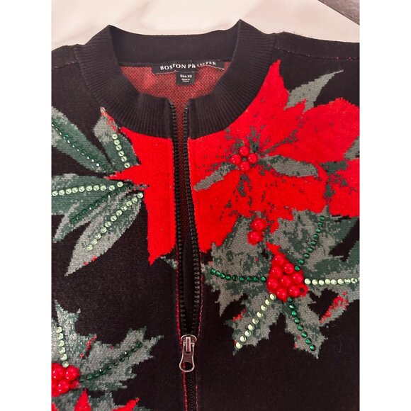 Boston Proper Womens XS Black Knit Zip-Up Cardigan Red Poinsettia Embellishments - Picture 5 of 5